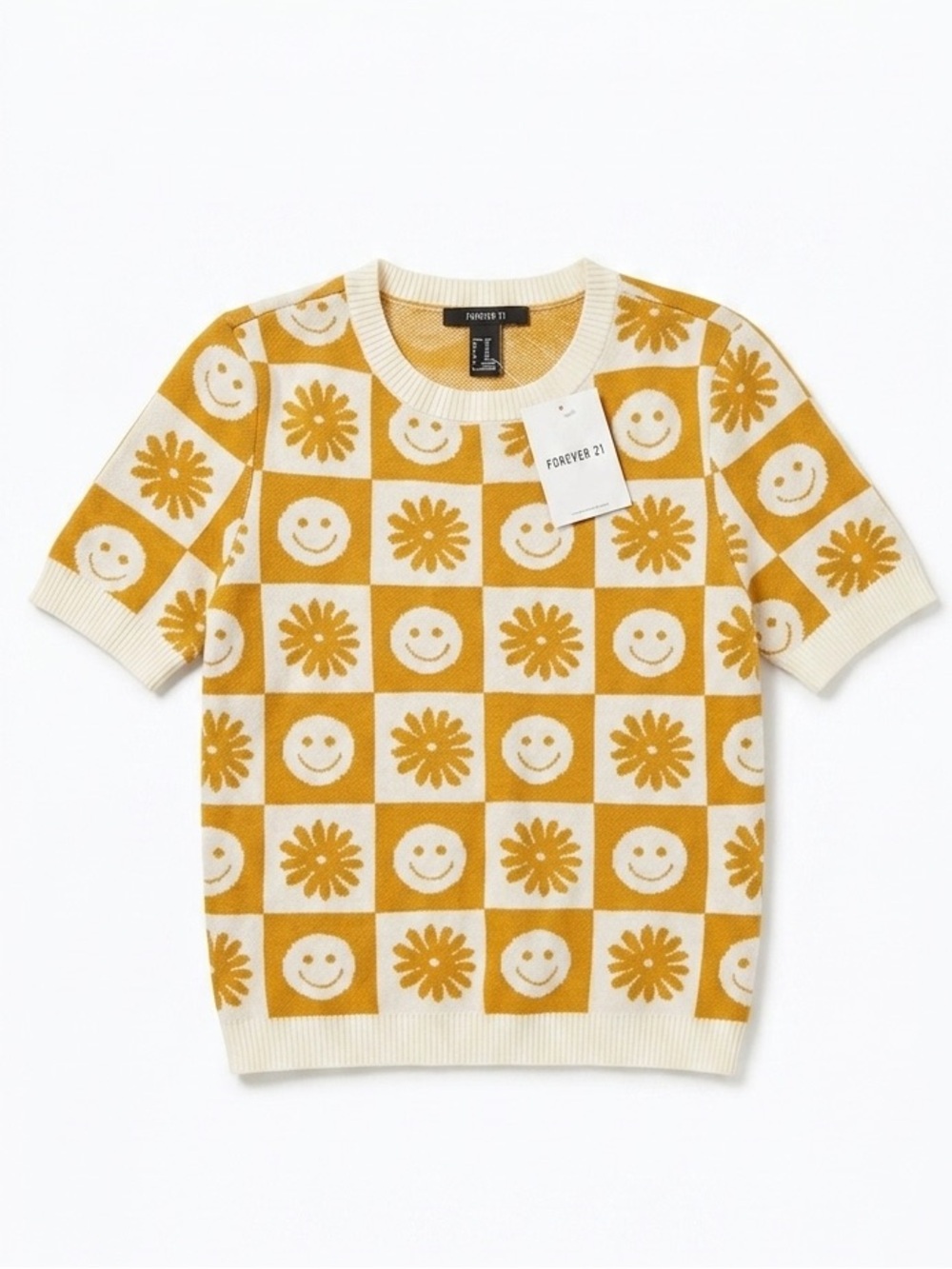 Forever 21 NWT Floral Smilie Knit Cropped Top Cream Yellow Size small